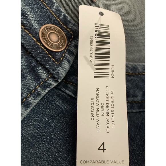 Chicos Jean Jacket Women Sz 4 New Perfect Stretch Pocket Denim Blue Utility $80 - Picture 4 of 8
